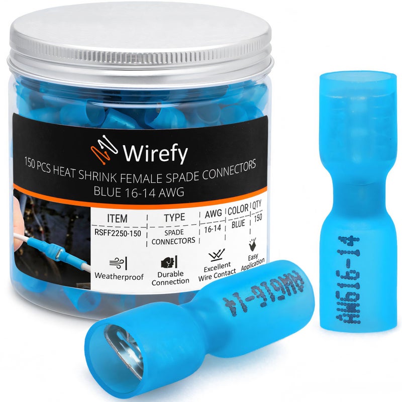 Wirefy 150 PCS Wire Connectors - Female Spade Terminals - Heat Shrink Quick Disconnect - 16-14 Gauge Blue - Image 1